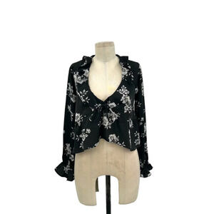 Donna Mizani Kiara Top‎ Black Floral Print Ruffle Saint Blouse Size Medium